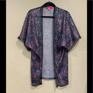 Betsey Johnson Sequin Short Sleeve Kimono Floral Open Front Shawl Multicolor OS